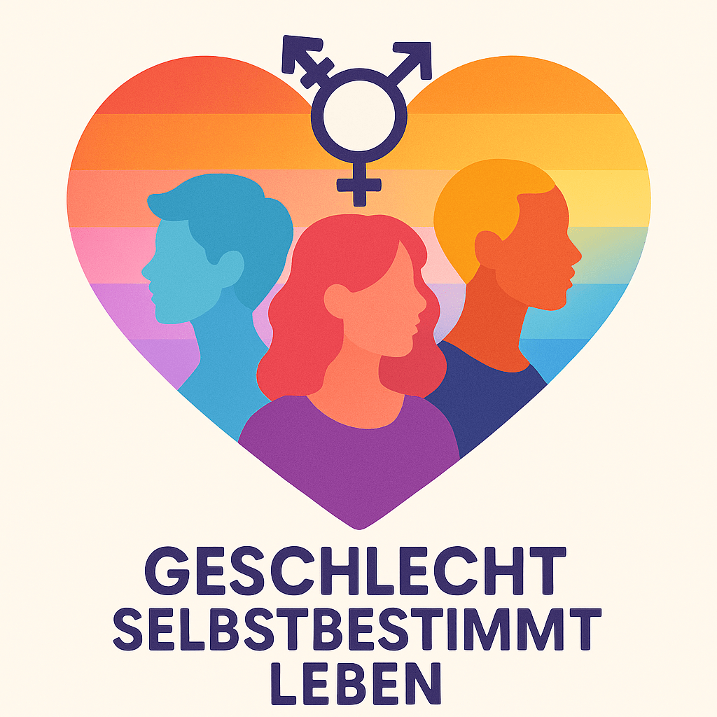 Herz in Regenbogenfarben mit drei Personen und Gendersymbol für Transgeschlechtlichkeit, darunter Text: 
Geschlecht selbstbestimmt leben
