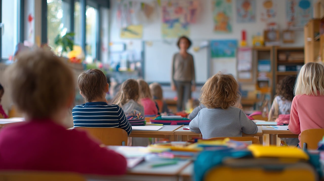 Klassenzimmer mit Schüler*innen und einer Lehrerin